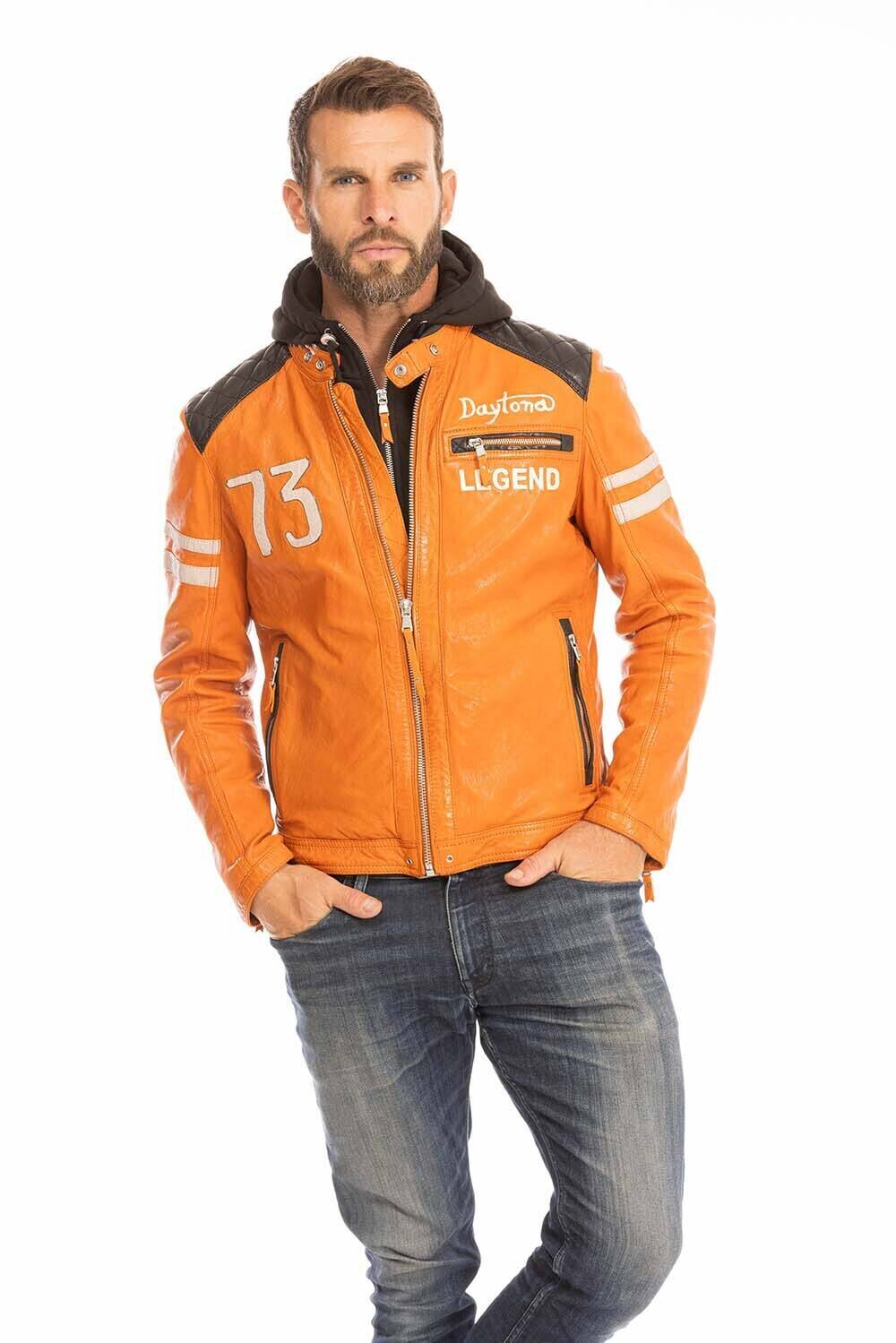 blouson cuir homme orange 102555 style motard a capuche (12)