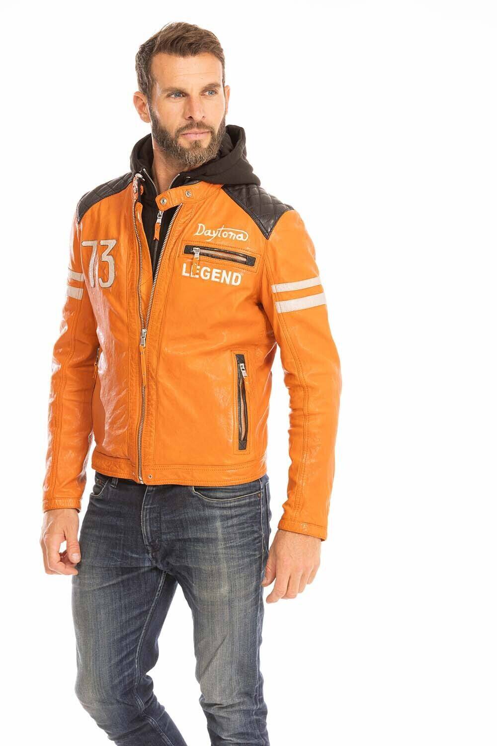 blouson cuir homme orange 102555 style motard a capuche (14)