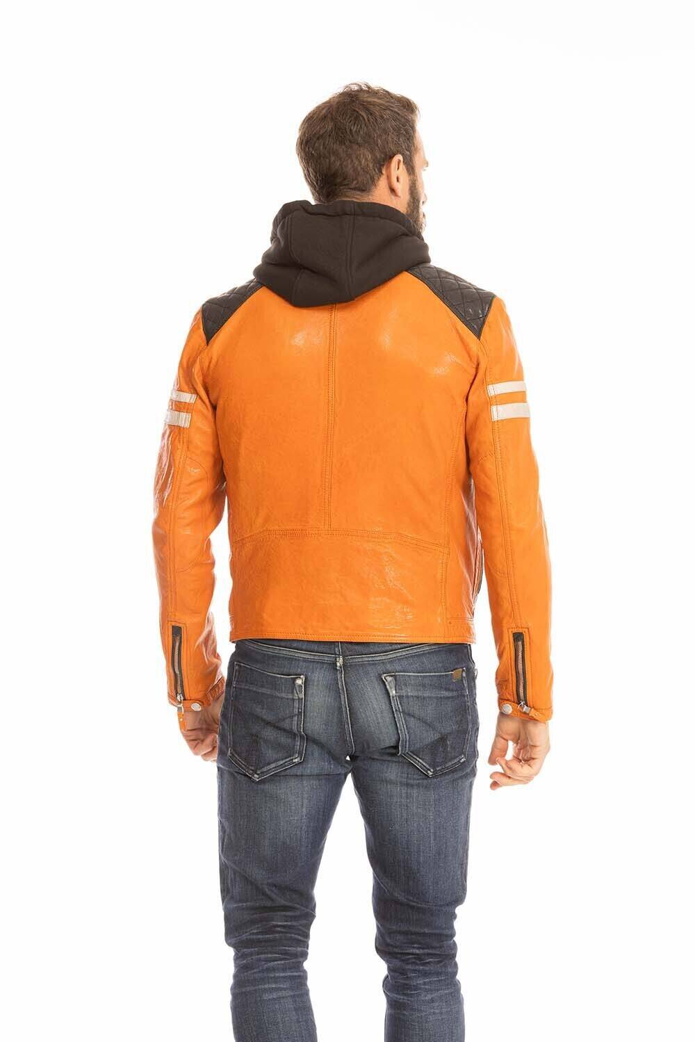 blouson cuir homme orange 102555 style motard a capuche (7)