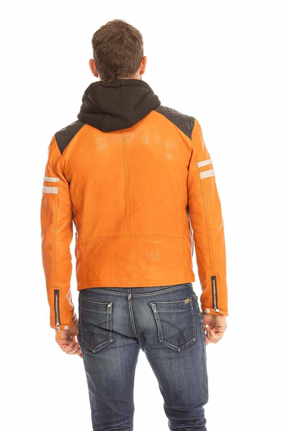 blouson cuir homme orange 102555 style motard a capuche (8)