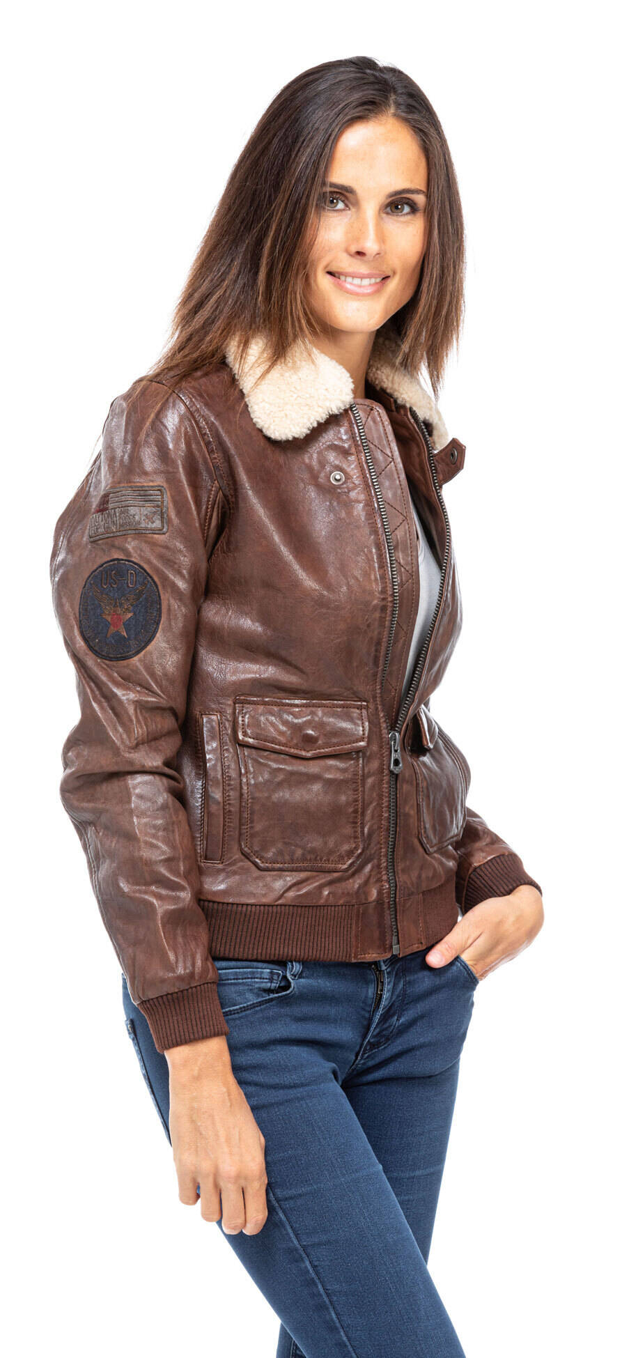 blouson cuir femme agneau dark cognac rose garden esprit pilote aviateur 101313 (2)