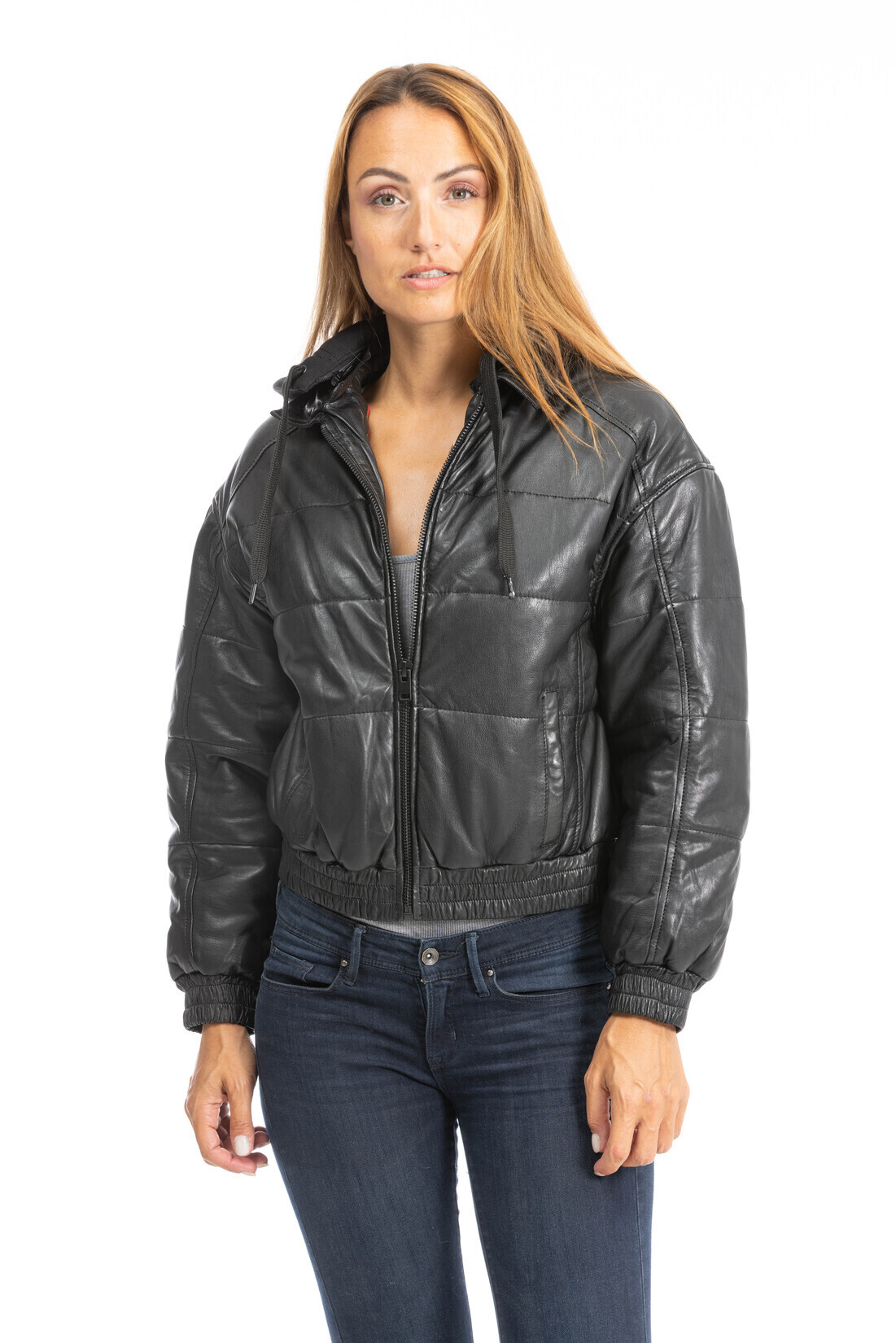 Women s black hooded leather jacket dacana down jacket style