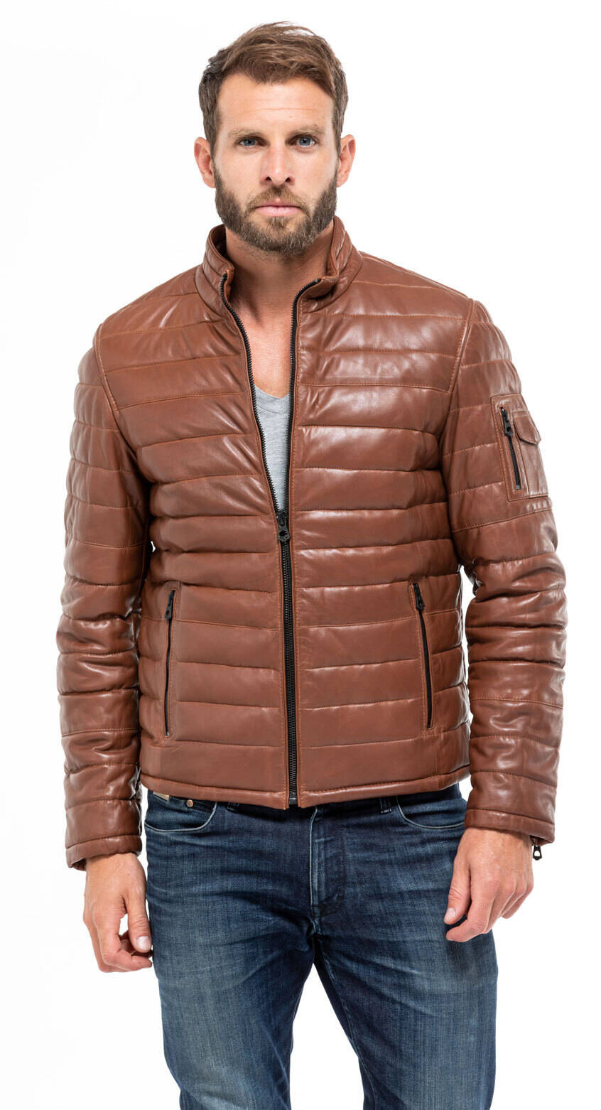 Blouson cuir homme agneau cognac 100973 doudoune mannequin (6)