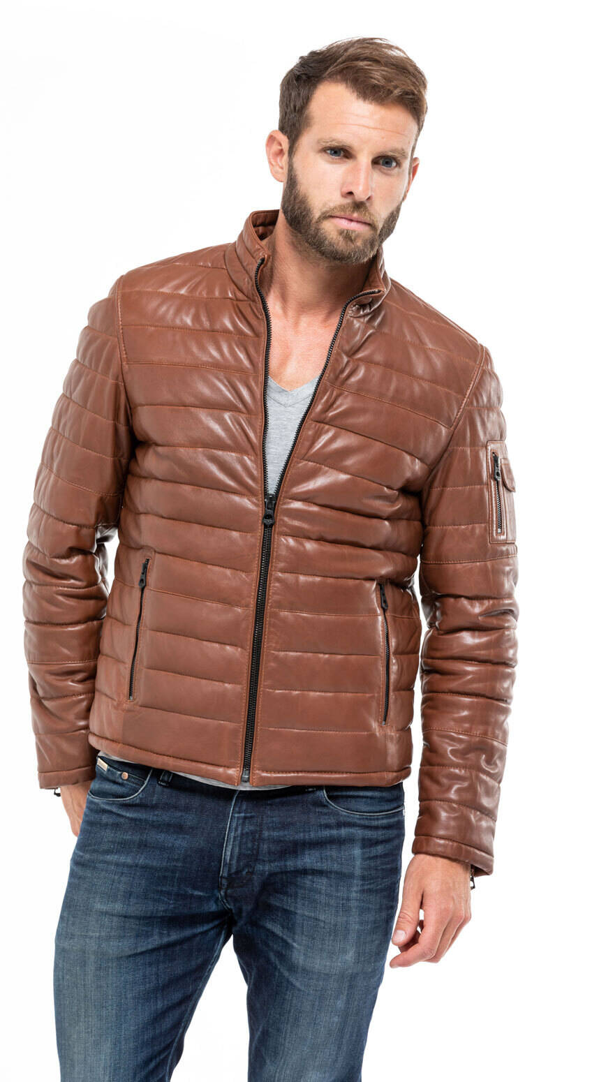 Blouson cuir homme agneau cognac 100973 doudoune mannequin (8)