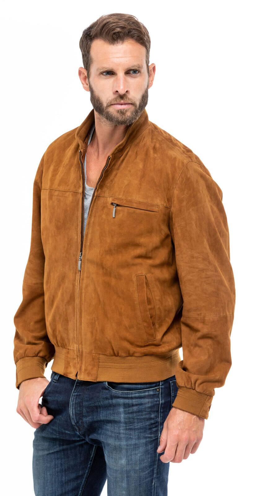 blouson cuir homme aspect daim velours jupp cognac mannequin (6)