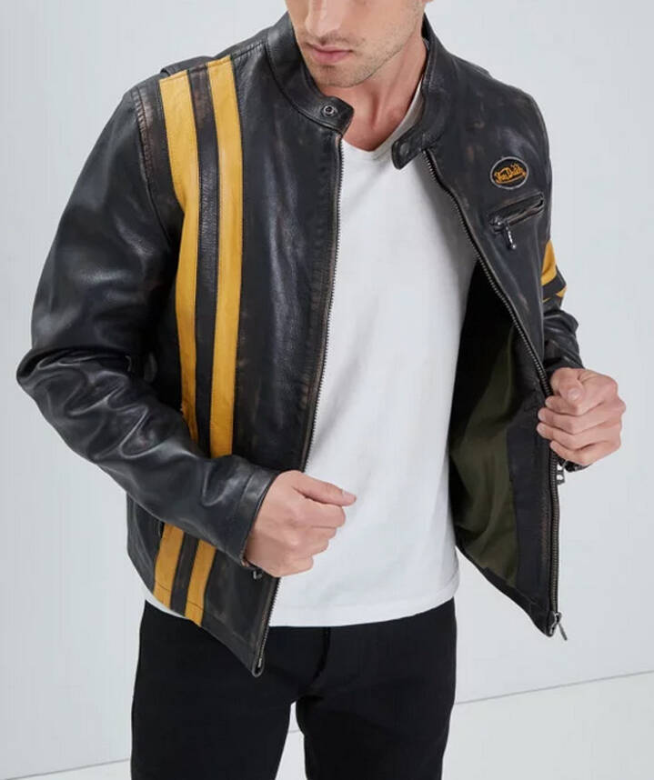 Black leather jacket with yellow outlet stripes