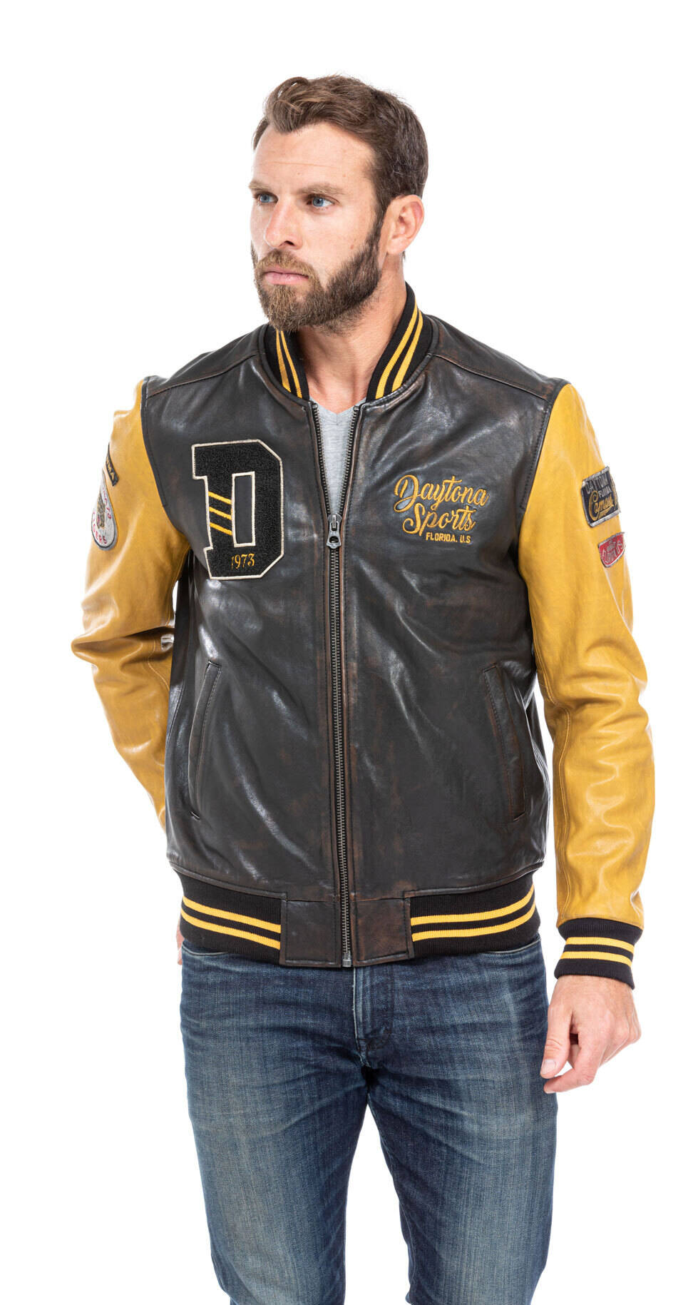 blouson cuir homme daytona teddy noir jaune 101489 (5)