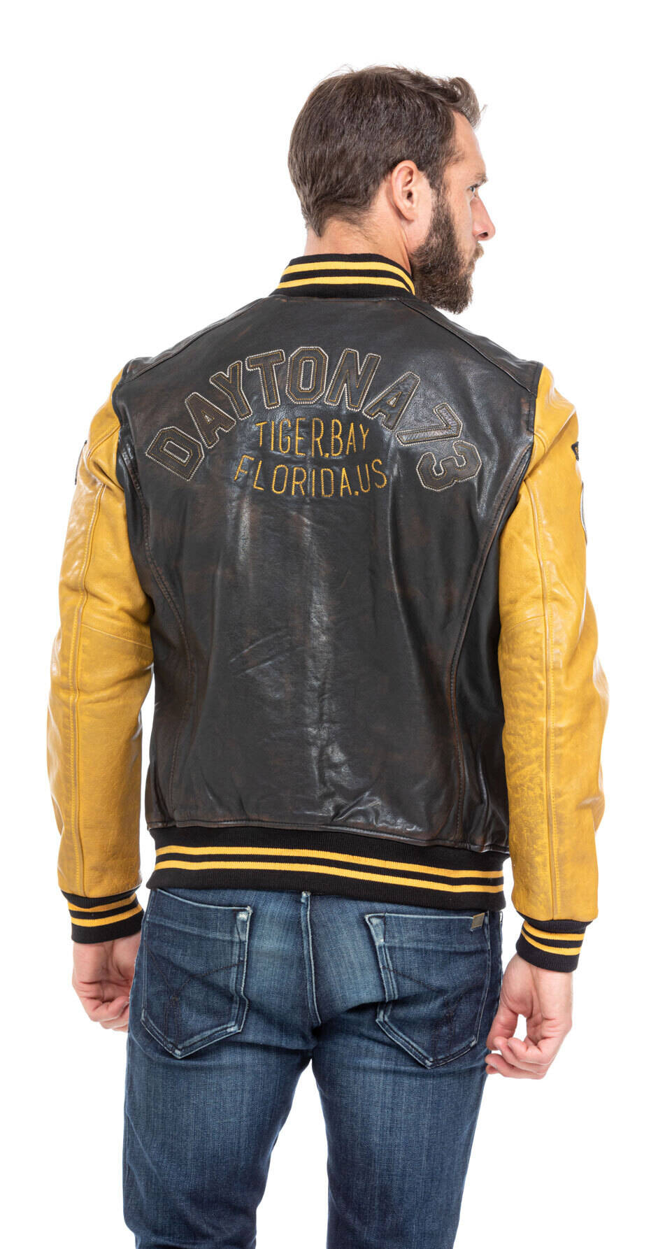 blouson cuir homme daytona teddy noir jaune 101489 (6)