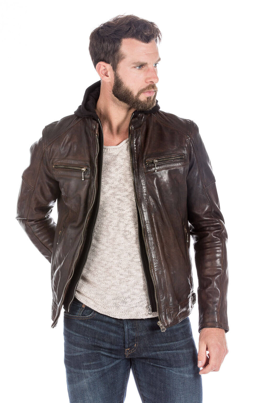 Blouson cuir homme esprit motard tendance 101126-COGNAC-14413