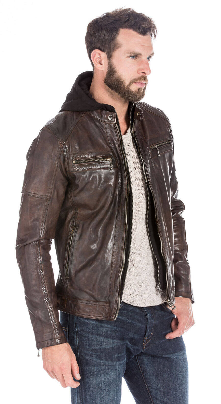 Blouson cuir homme esprit motard tendance 101126-COGNAC-14415