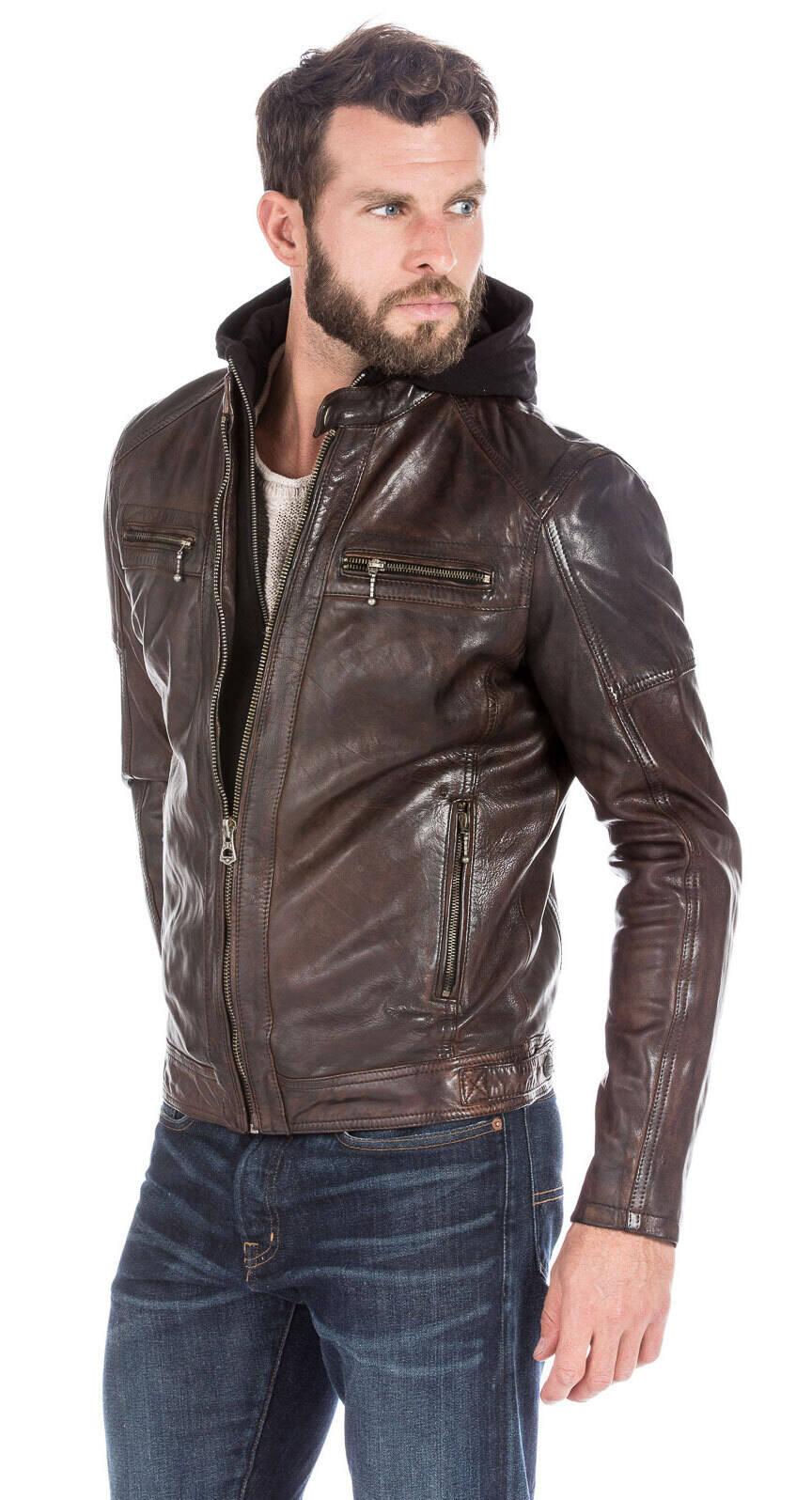 Blouson cuir homme esprit motard tendance 101126-COGNAC-14417