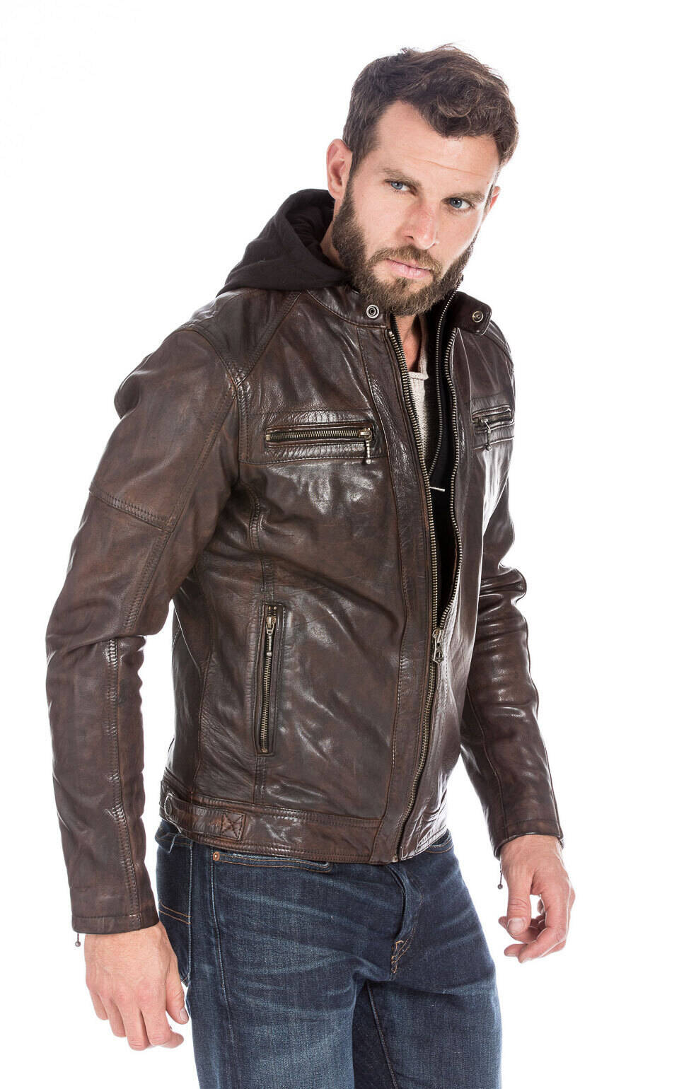 Blouson cuir homme esprit motard tendance 101126-COGNAC-14418