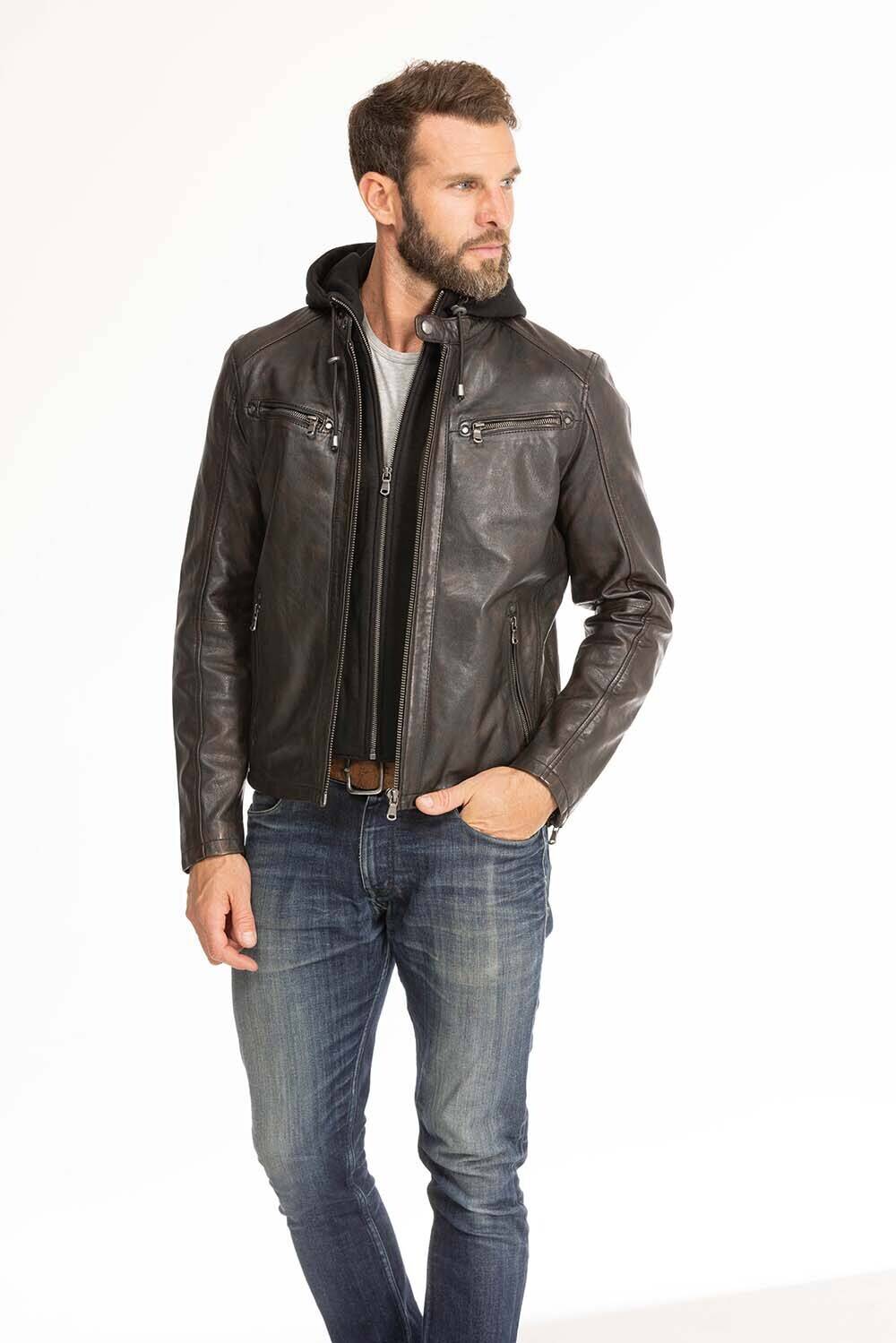 blouson cuir homme noir marron 102944 capuche  (12)