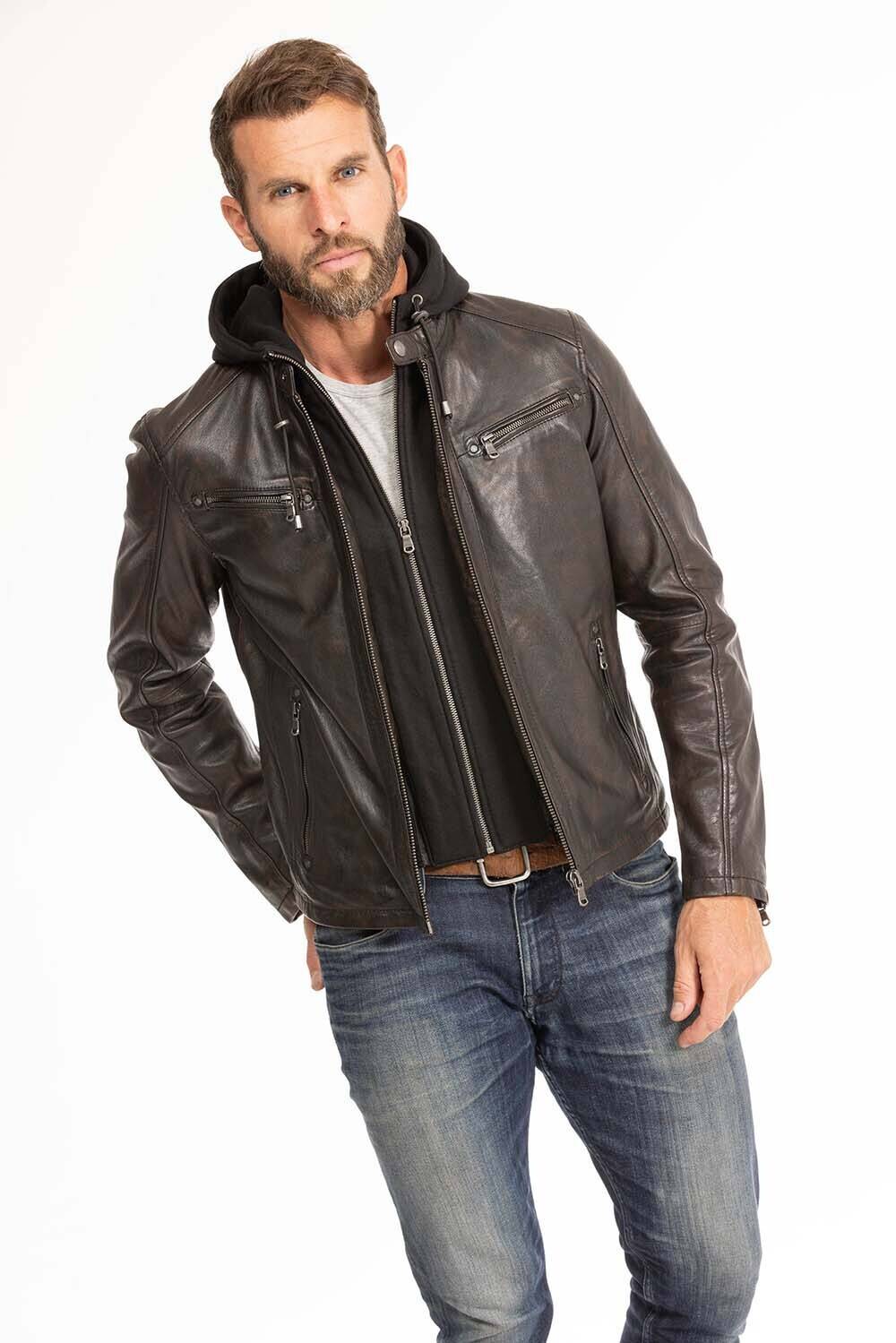 blouson cuir homme noir marron 102944 capuche  (13)