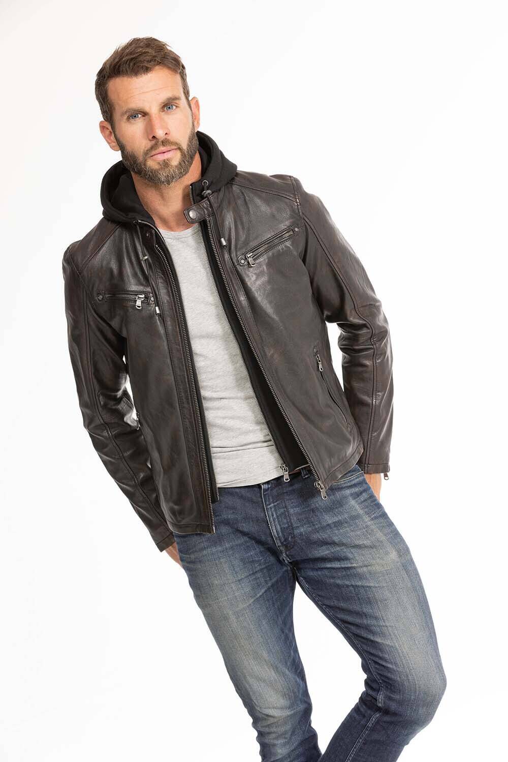 blouson cuir homme noir marron 102944 capuche  (3)