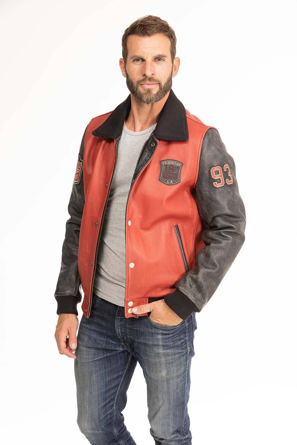 blouson cuir homme redskins noir rouge skateboard col noir (2)