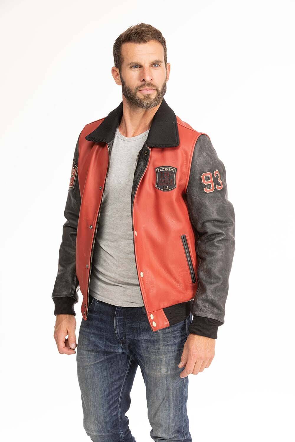 blouson cuir homme redskins noir rouge skateboard col noir (5)