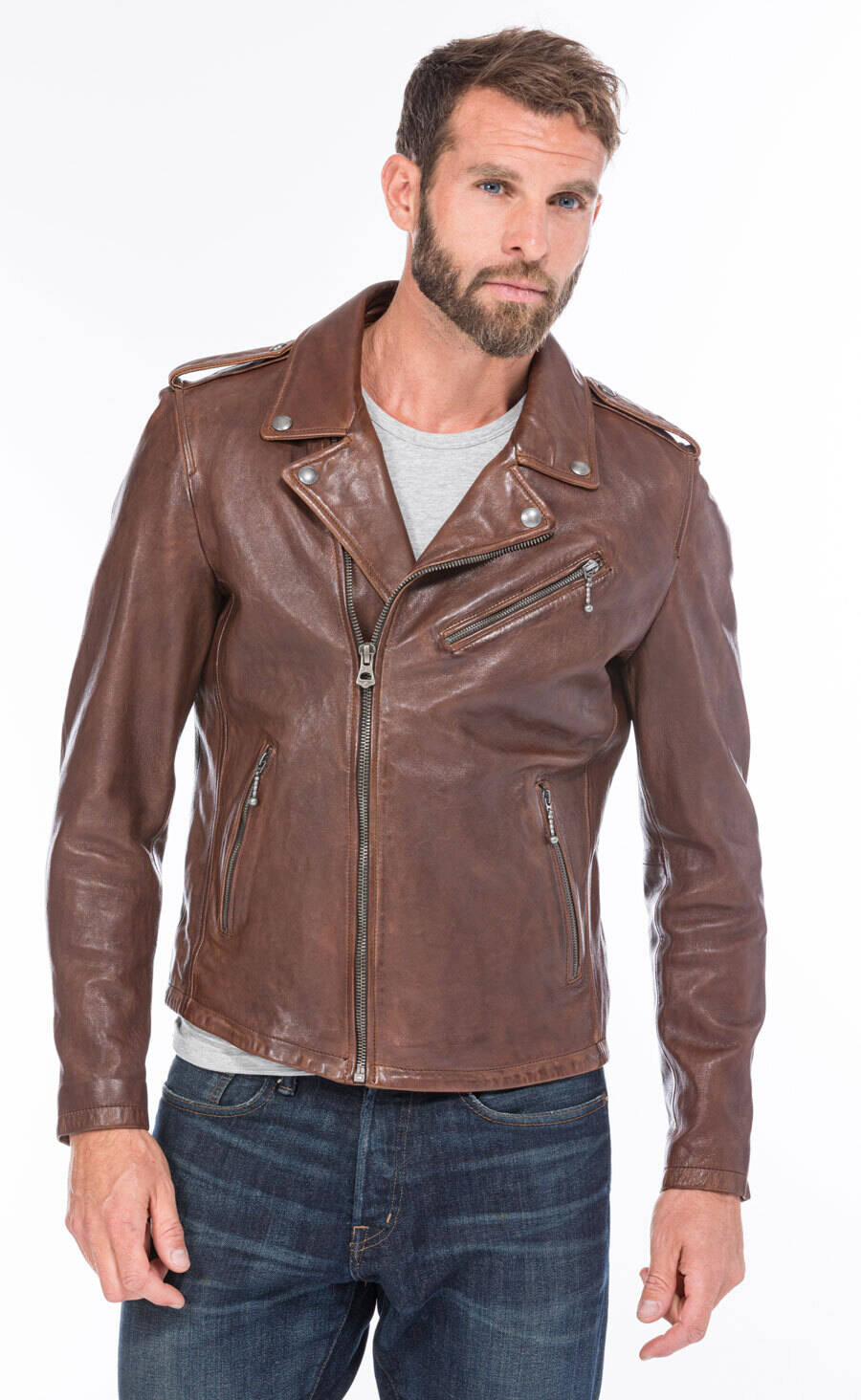 blouson cuir homme style biker perfecto 101485 cognac foncé  (2)