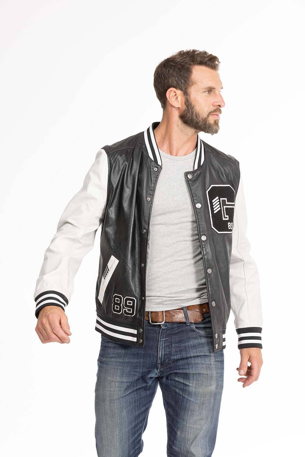 Mens black and white leather outlet jacket