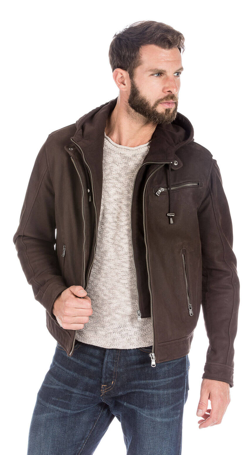 Blouson cuir homme timber marron foncé à capuche 100663-14114