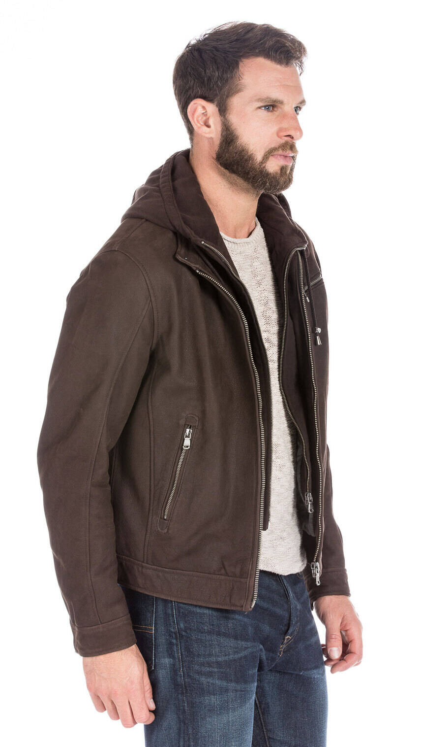 Blouson cuir homme timber marron foncé à capuche 100663-14115