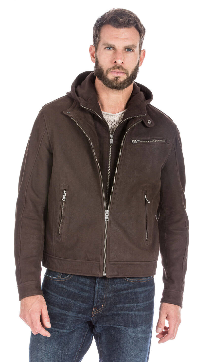 Blouson cuir homme timber marron foncé à capuche 100663-14117