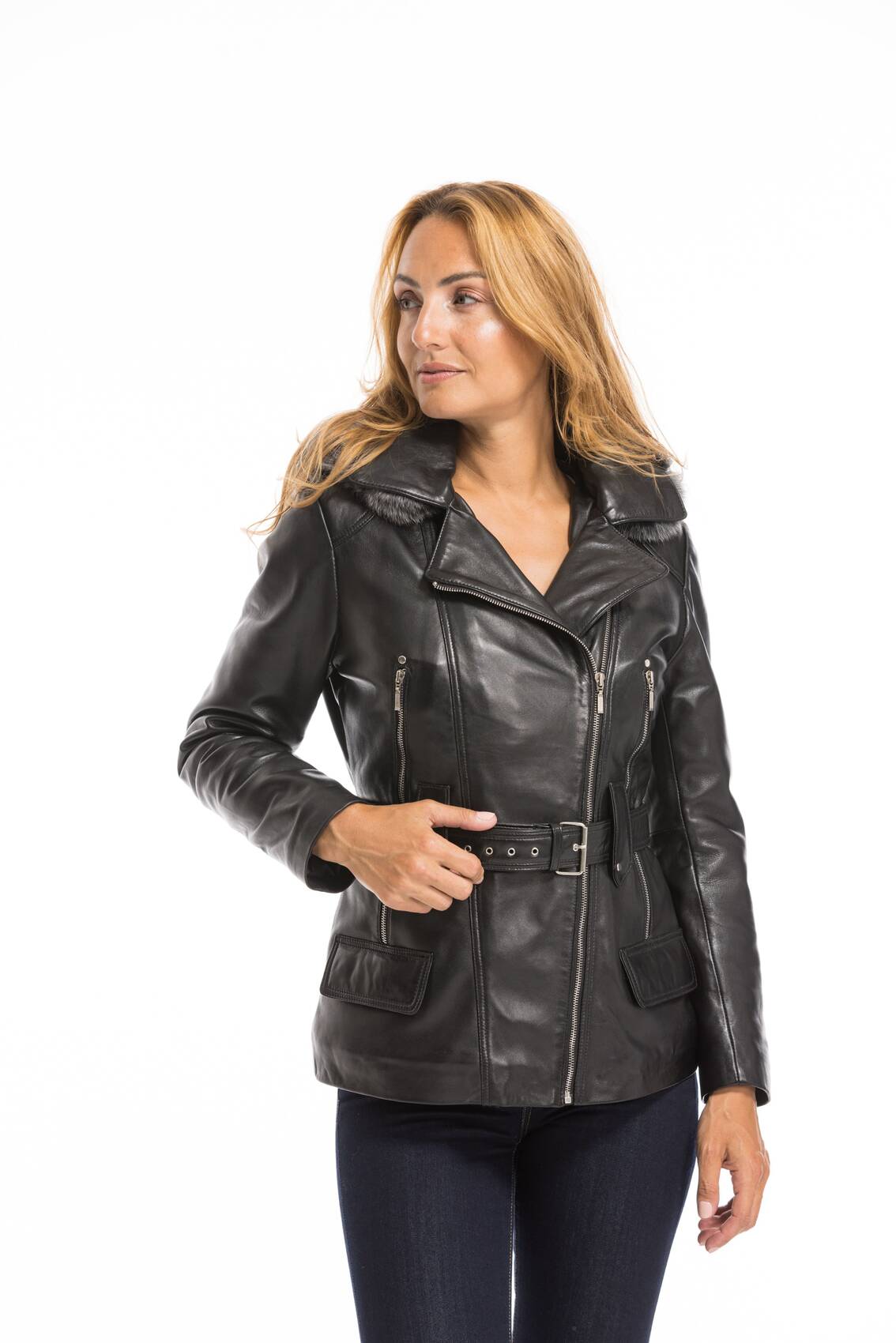 Hip length leather hot sale jacket womens