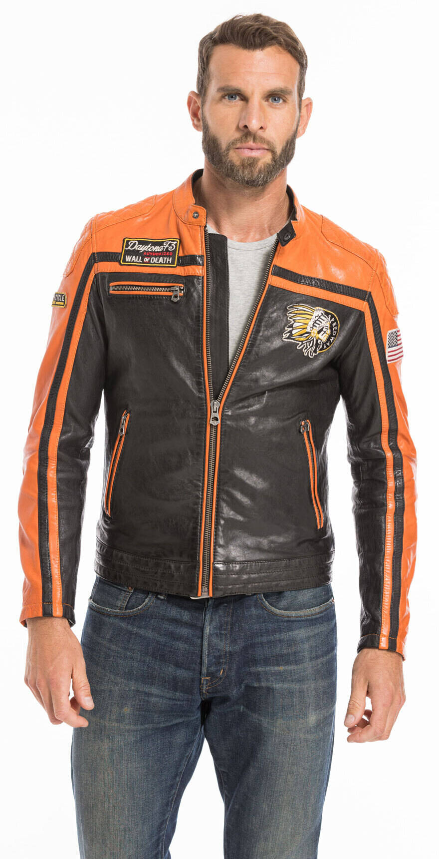 Orange leather jacket on sale men