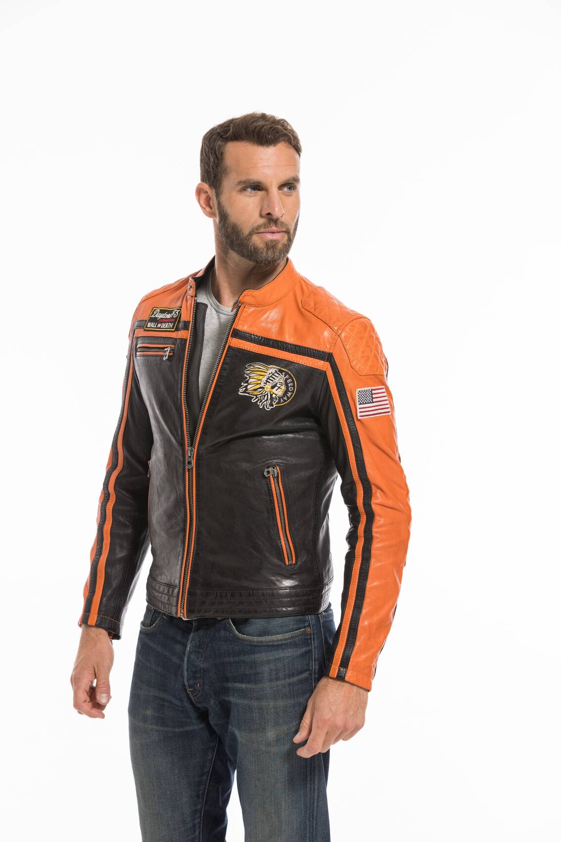 Orange leather motorcycle clearance jacket