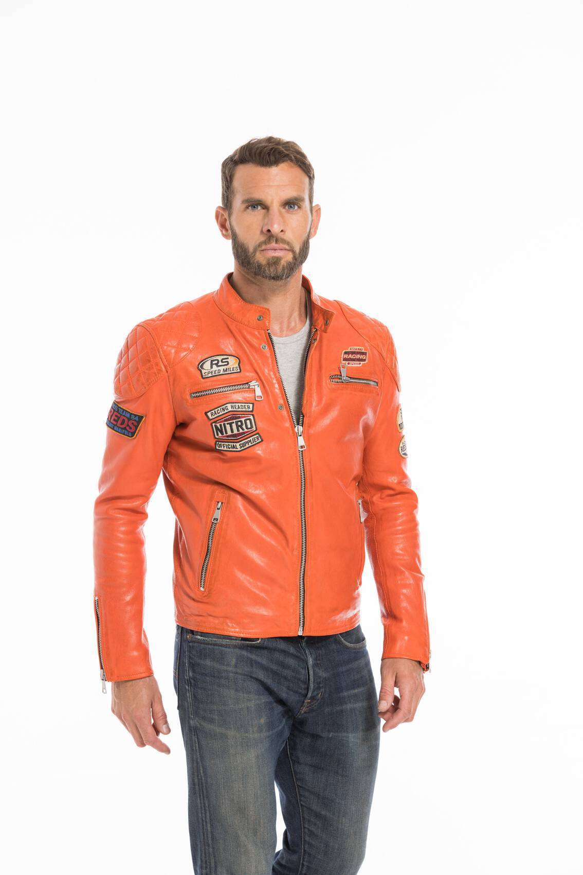 Orange colour leather on sale jacket