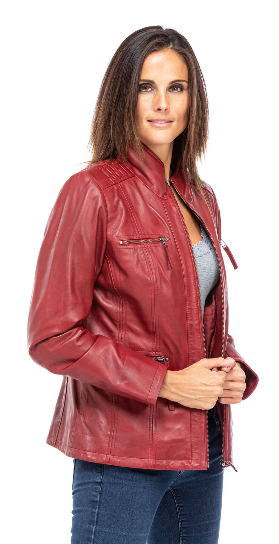 Veste cuir femme demi longueur teija rouge (7)