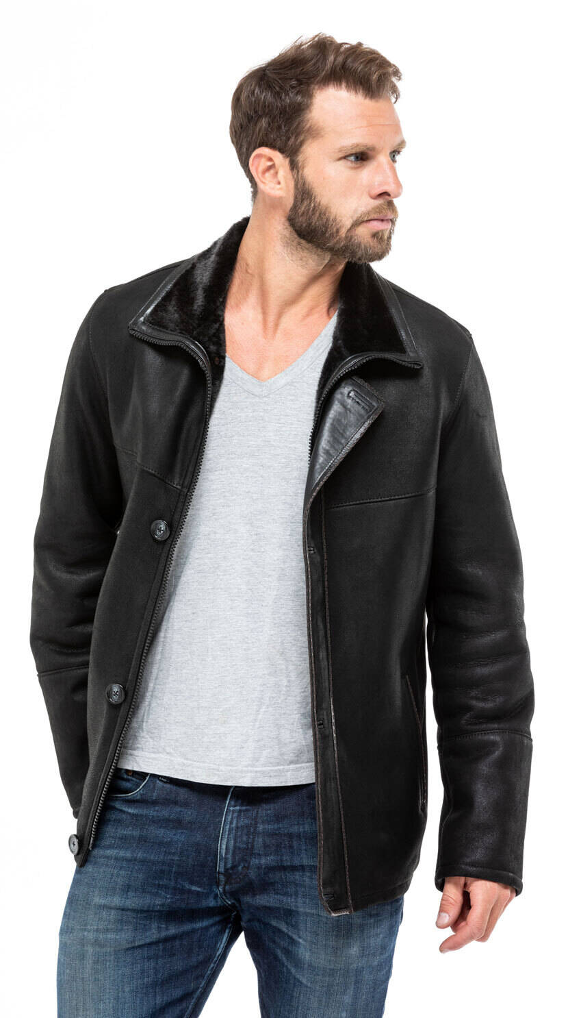 veste mouton homme noir 1610 chaud peaux retournées mannequin (6)